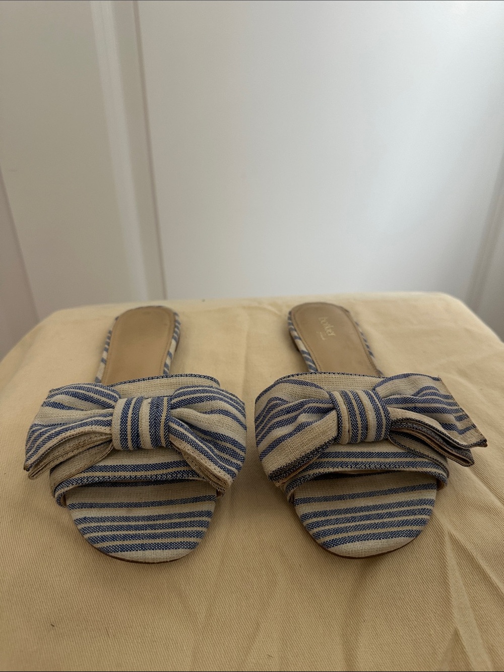 Botkier Blue & Cream Striped Bow Slide Mules